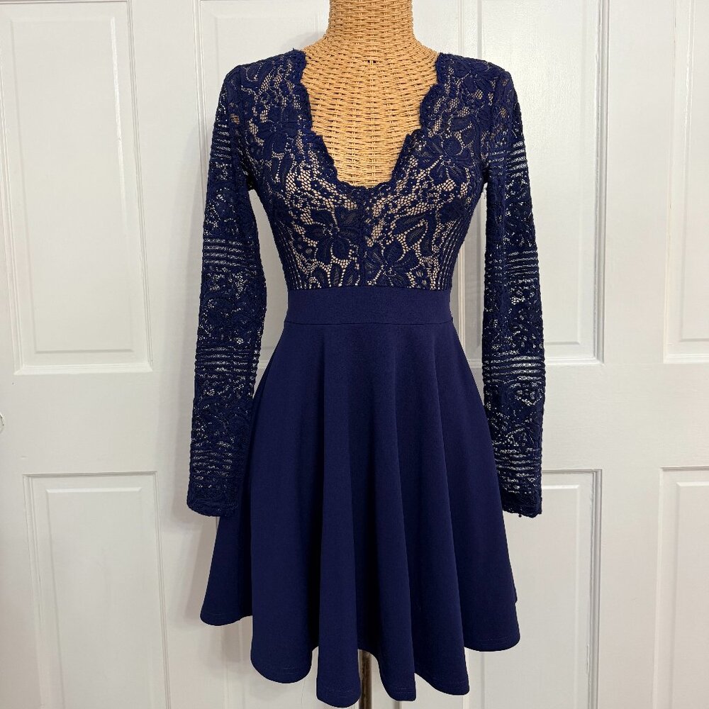 Windsor Navy Lace Long Sleeve Fit & Flare Mini Dress